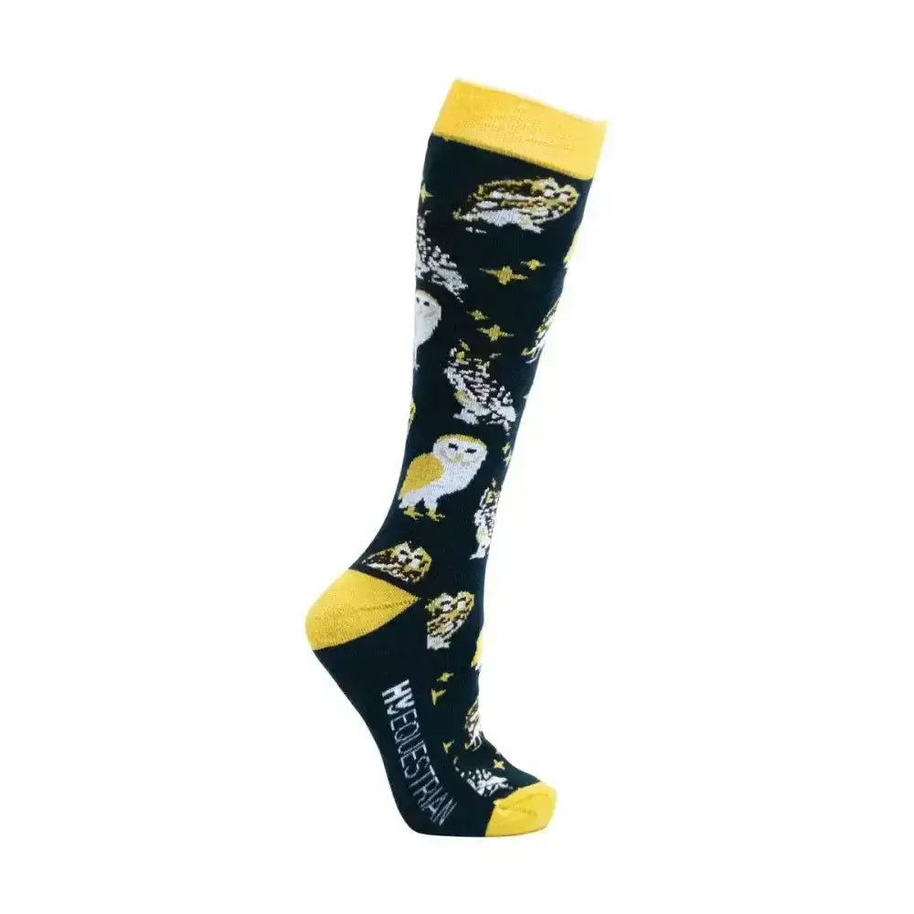 Black knee-high Hy Equestrian night owl socks with yellow trim and repeated owl pattern for equestrian use