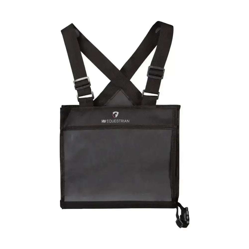 Black hy equestrian number bib chest strap bag with clear front panel and adjustable shoulder straps for comfortable fit riding apparel