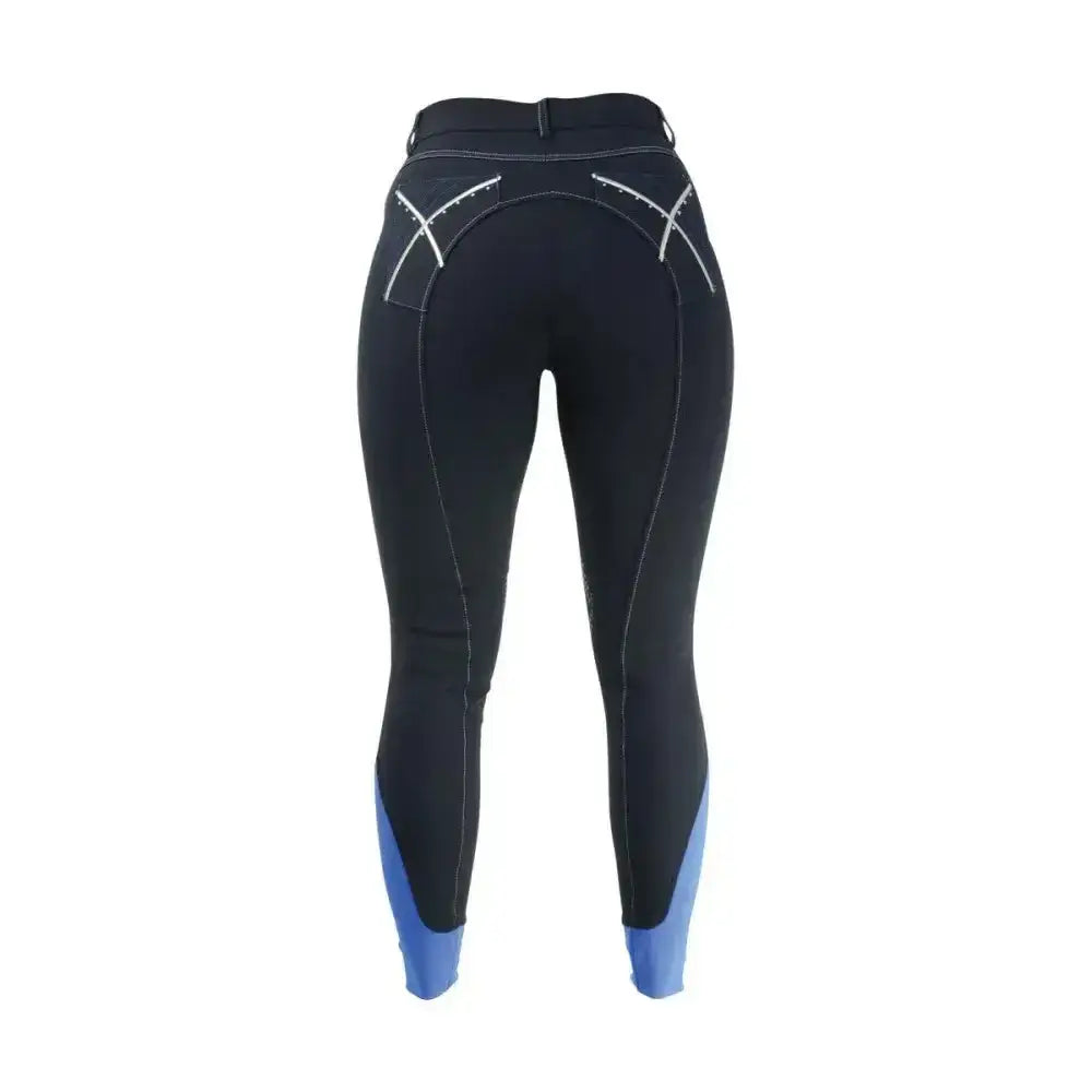 Back view of black hy equestrian olympian ladies breeches with blue ankle accents and white x-pattern stitching stylish breeches