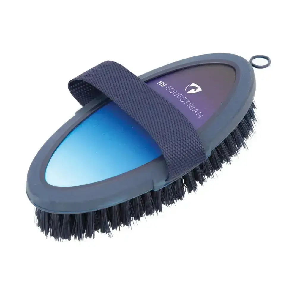 Dark gray hy equestrian ombre body brush with black bristles, soft touch navy strap, and blue mirrored surface for secure grooming