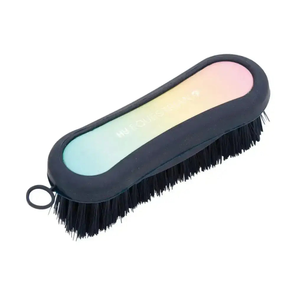 Hy equestrian ombre face brush with sleek black handle and rainbow gradient body features dense stiff black bristles