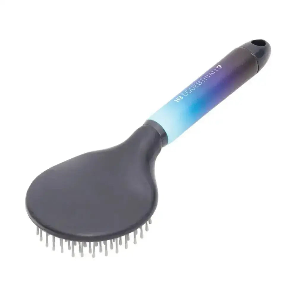 A sleek black hy equestrian ombre mane and tail brush with a gradient blue and purple handle for detangling manes