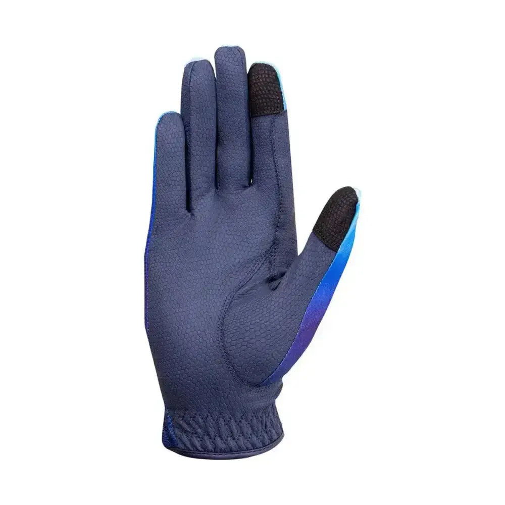 Blue touchscreen equestrian ombre riding gloves with black fingertips and gradient blue to purple palm accent for riding outfit