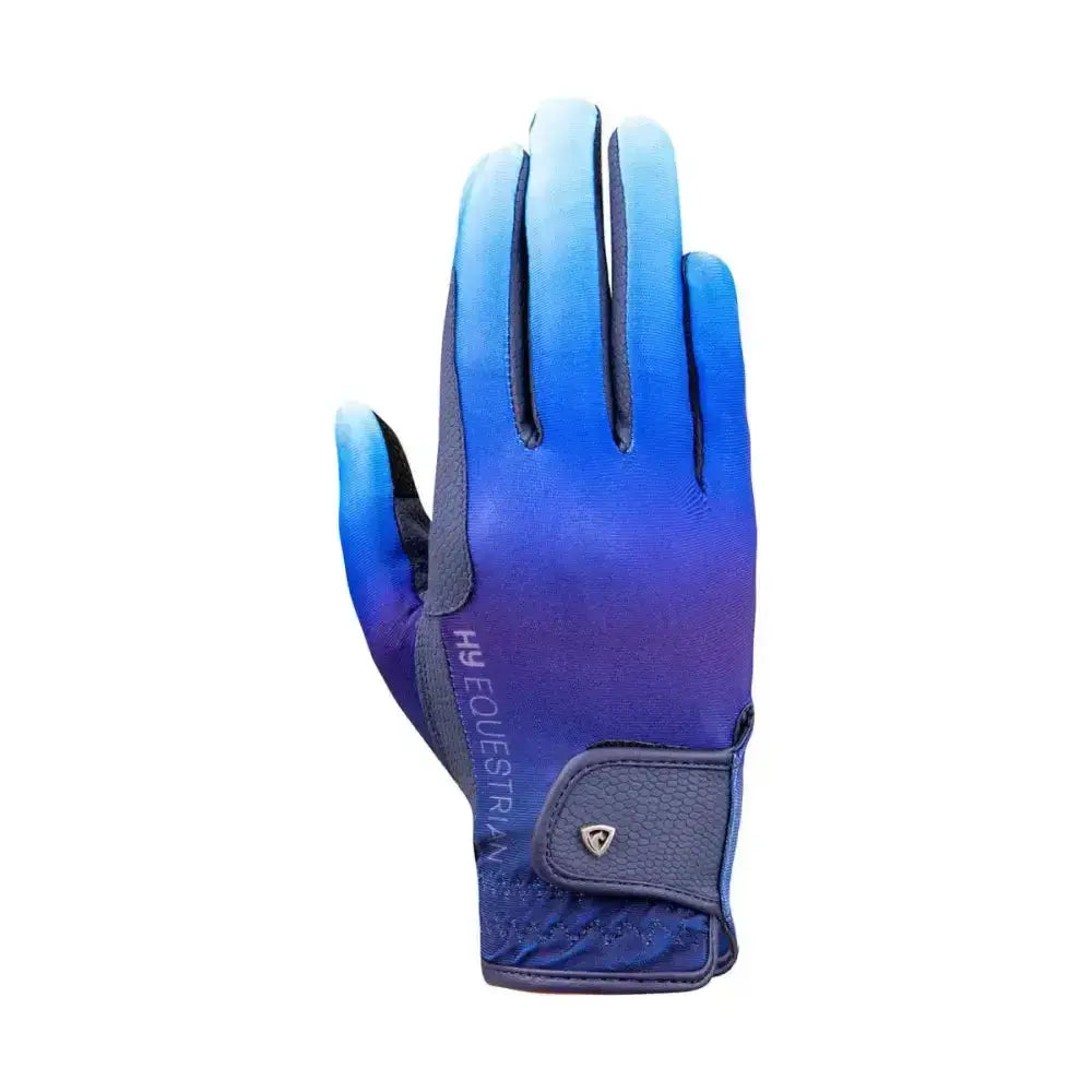 Blue gradient hy equestrian ombre riding gloves with dark navy strap and subtle stitching for stylish riding outfit