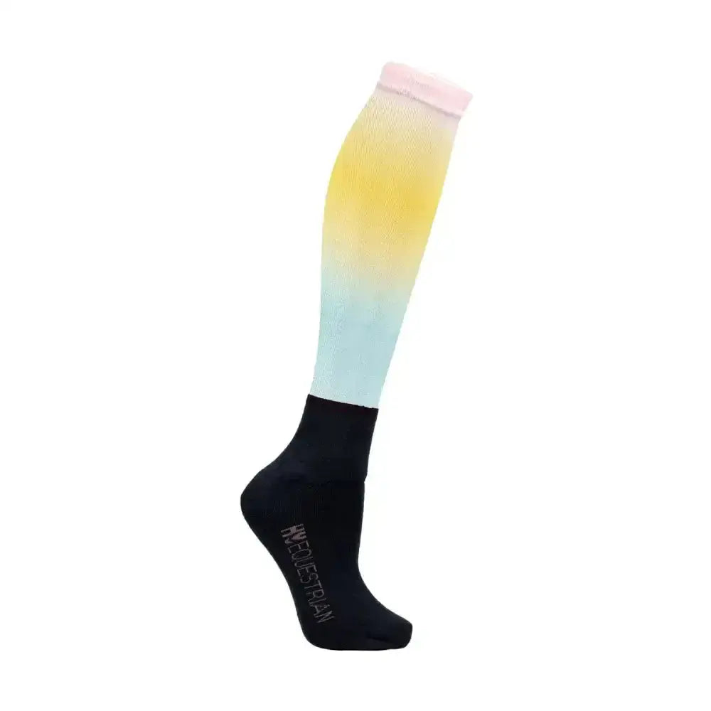 Hy equestrian ombre socks knee-high with gradient yellow to blue and black foot perfect riding socks with pink cuff
