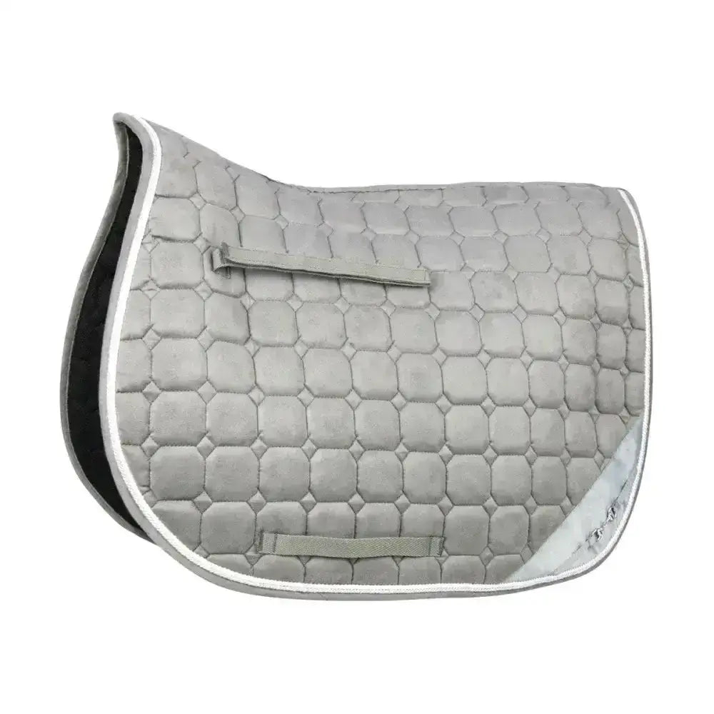 Gray quilted hy equestrian on the bit saddle pad with luxurious suede material black inner mesh lining and silver piping