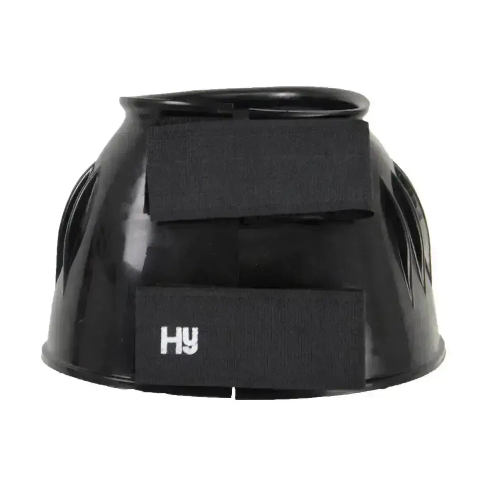 Black plastic hy equestrian over reach boots with two horizontal straps for horses hoof protection