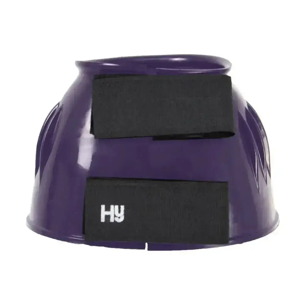 Purple hy equestrian over reach horse boots with black straps and white logo for equestrian use