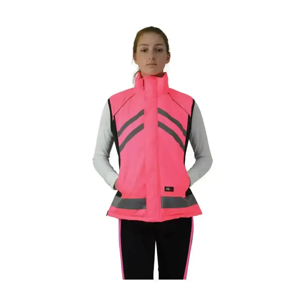 Bright pink equestrian padded gilet with black trim gray reflective stripes and handy zip pocket from reflector range boasts