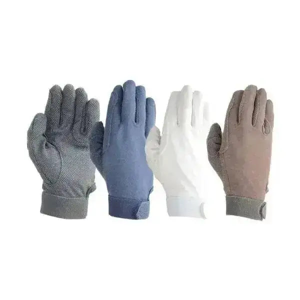 Four pairs of hy equestrian pimple riding gloves in gray blue white and tan with textured fabric and elasticated cuffs