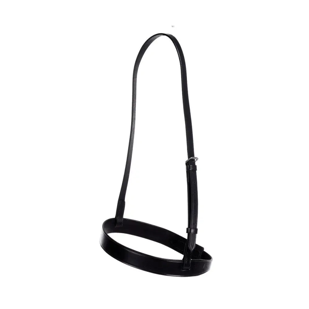 Black leather horse halter with smooth glossy finish and adjustable straps featuring a plain nose band by hy equestrian