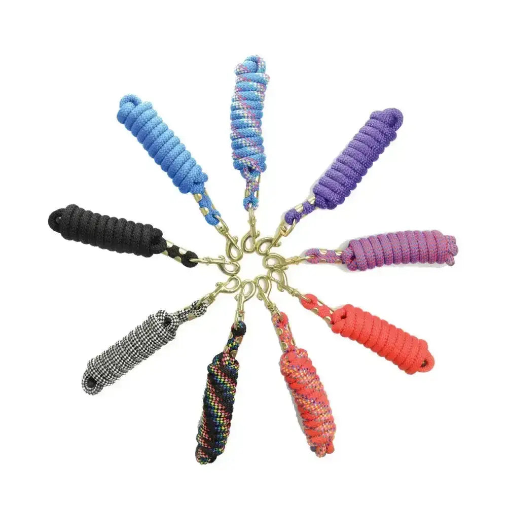 A collection of colorful hy equestrian plaited lead ropes with quality trigger clip in blue purple black and orange
