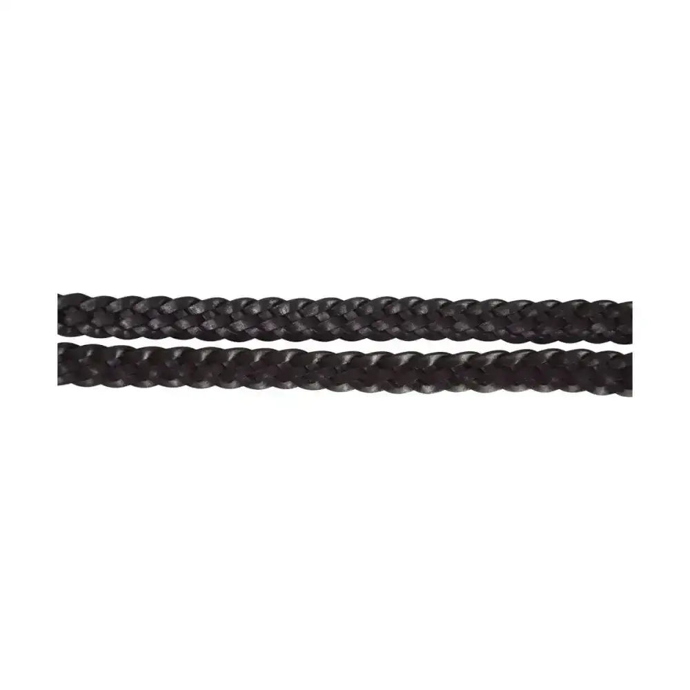 Black braided plaited reins with textured woven appearance and central buckle joining for equestrian use