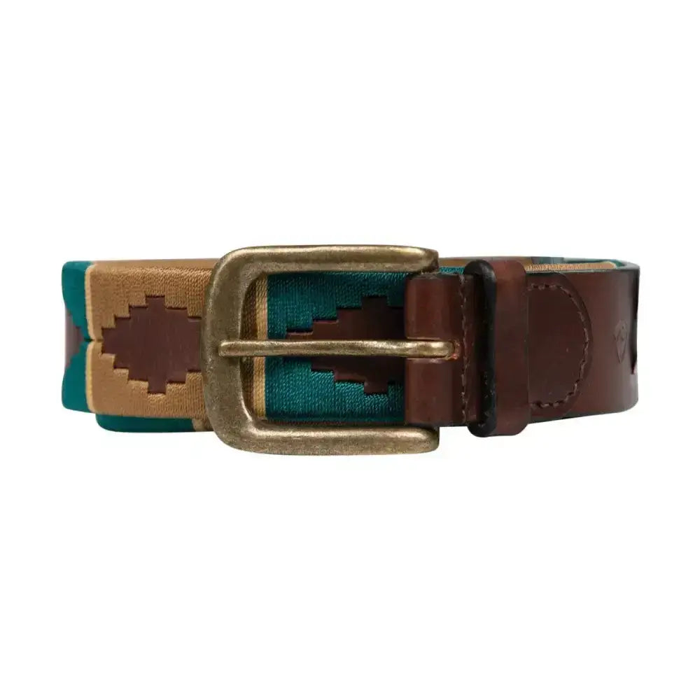 Teal and tan woven hy equestrian polo belt with brass buckle featuring premium brown leather accents