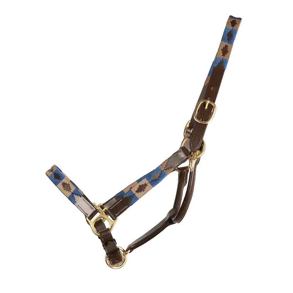 Brown leather equestrian polo leather head collar with blue beige woven straps and gold-tone metal hardware