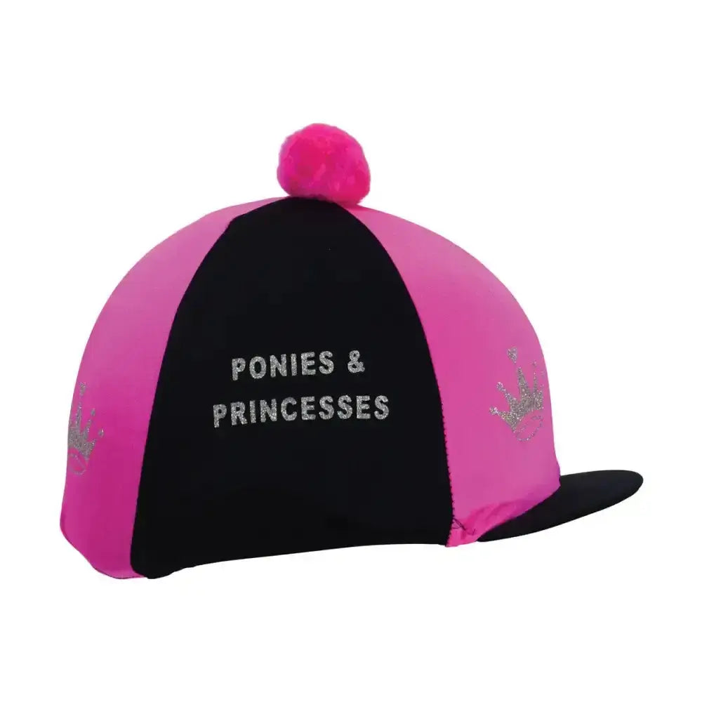 Hy equestrian ponies and princesses hat cover in pink and black with sparkly silver detailing and glittery tiaras