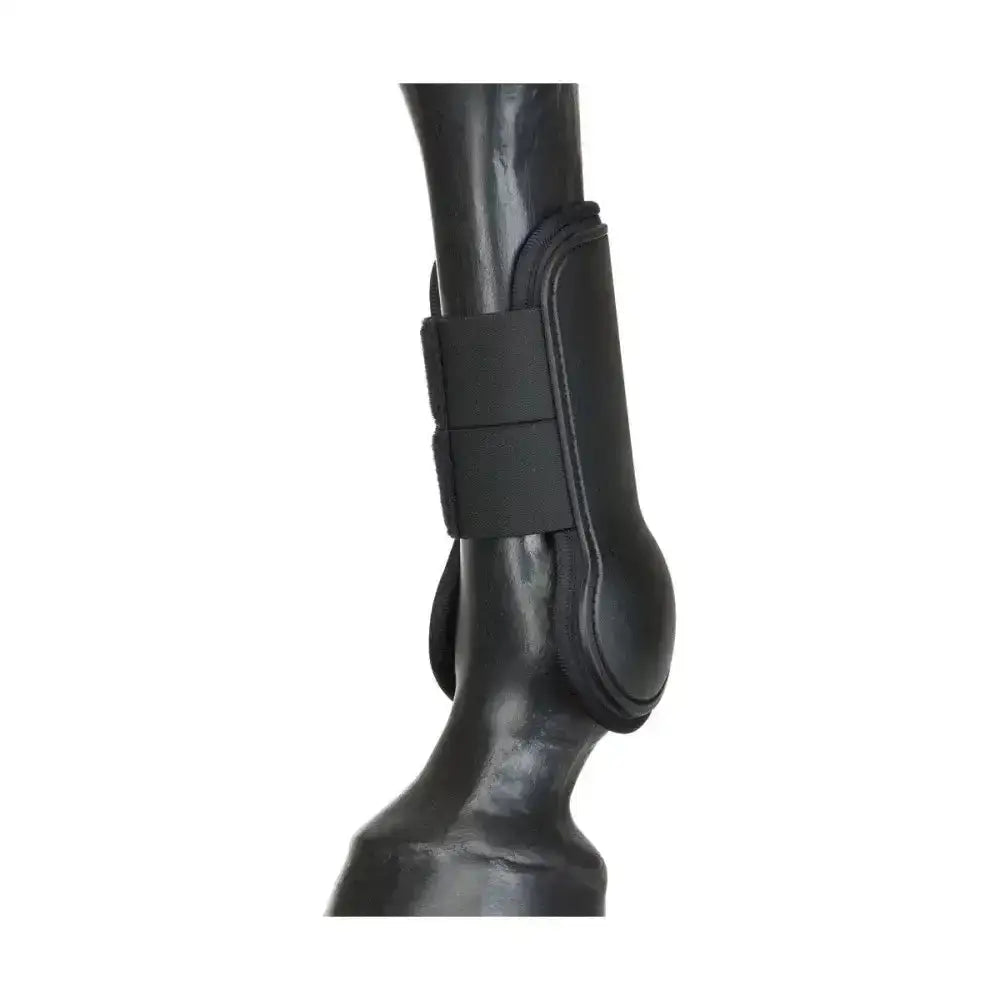 Black hy equestrian pony tendon boots with padded adjustable strap and open-fronted design for hoof protection