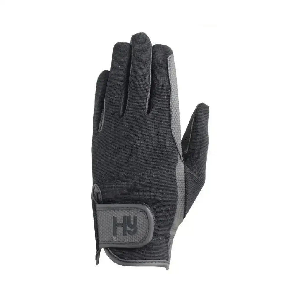 Black and gray helly hansen equestrian pro competition grip gloves with smart grip palm and textured fabric design