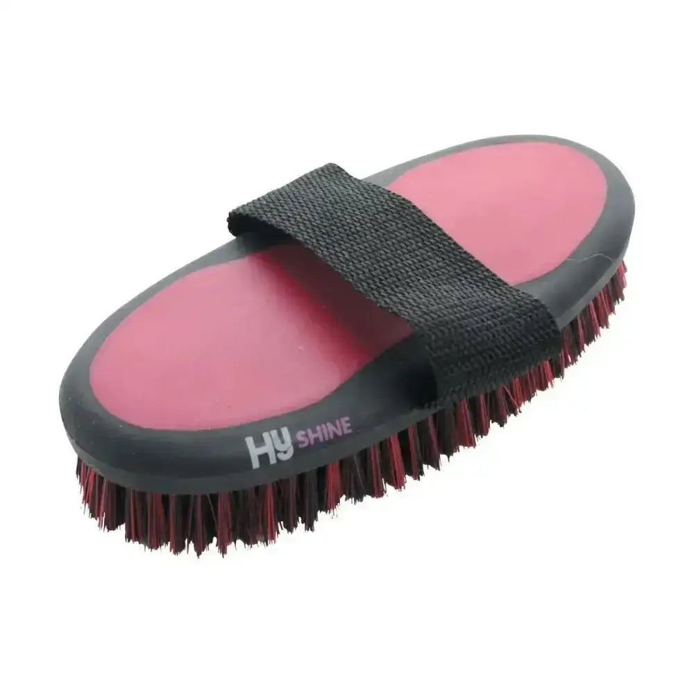 Pink and black hy equestrian pro groom body brush with red bristles and textured strap for grip soft touch large oval body