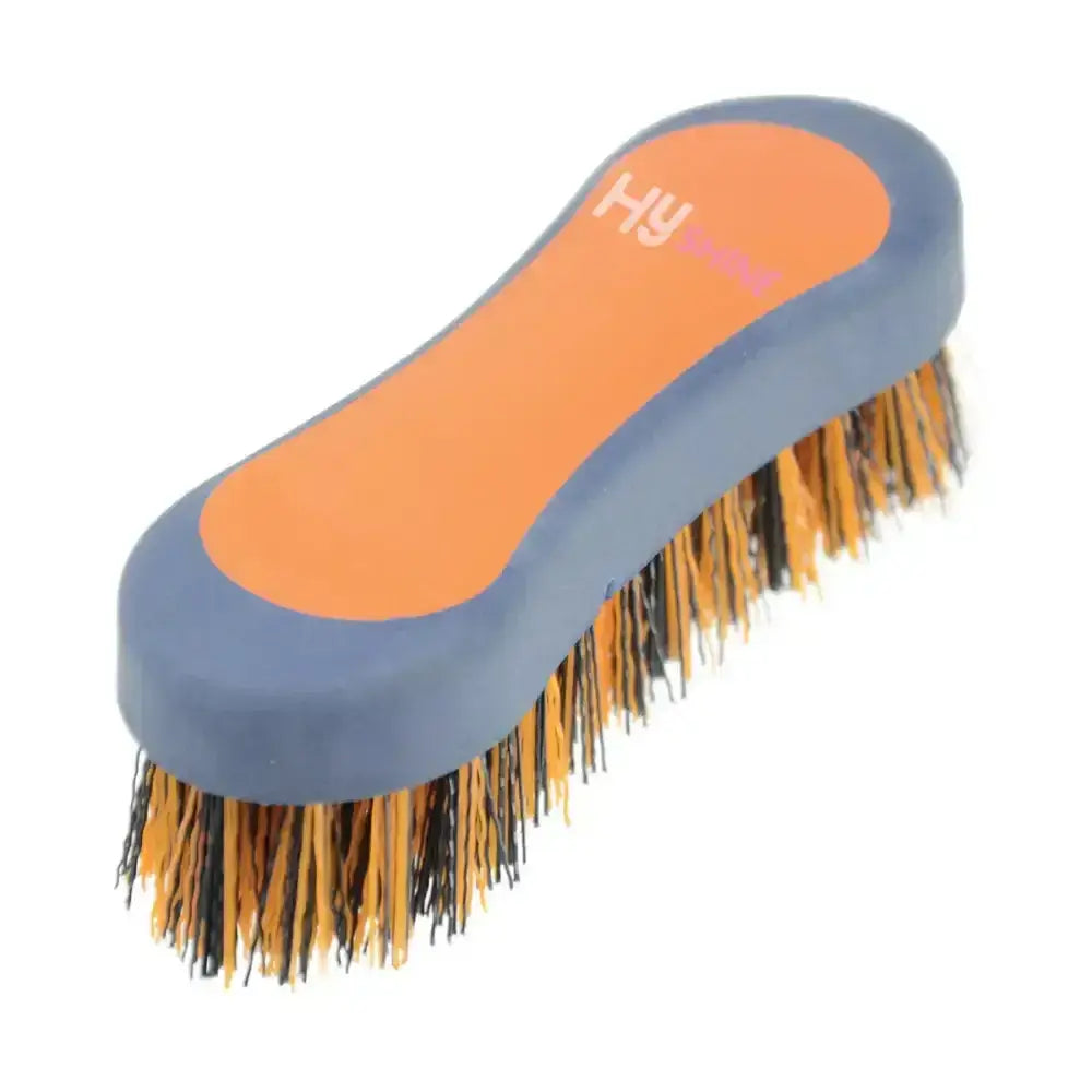 Orange and blue hy equestrian pro groom soft touch face brush with mixed yellow and black bristles for grooming horses