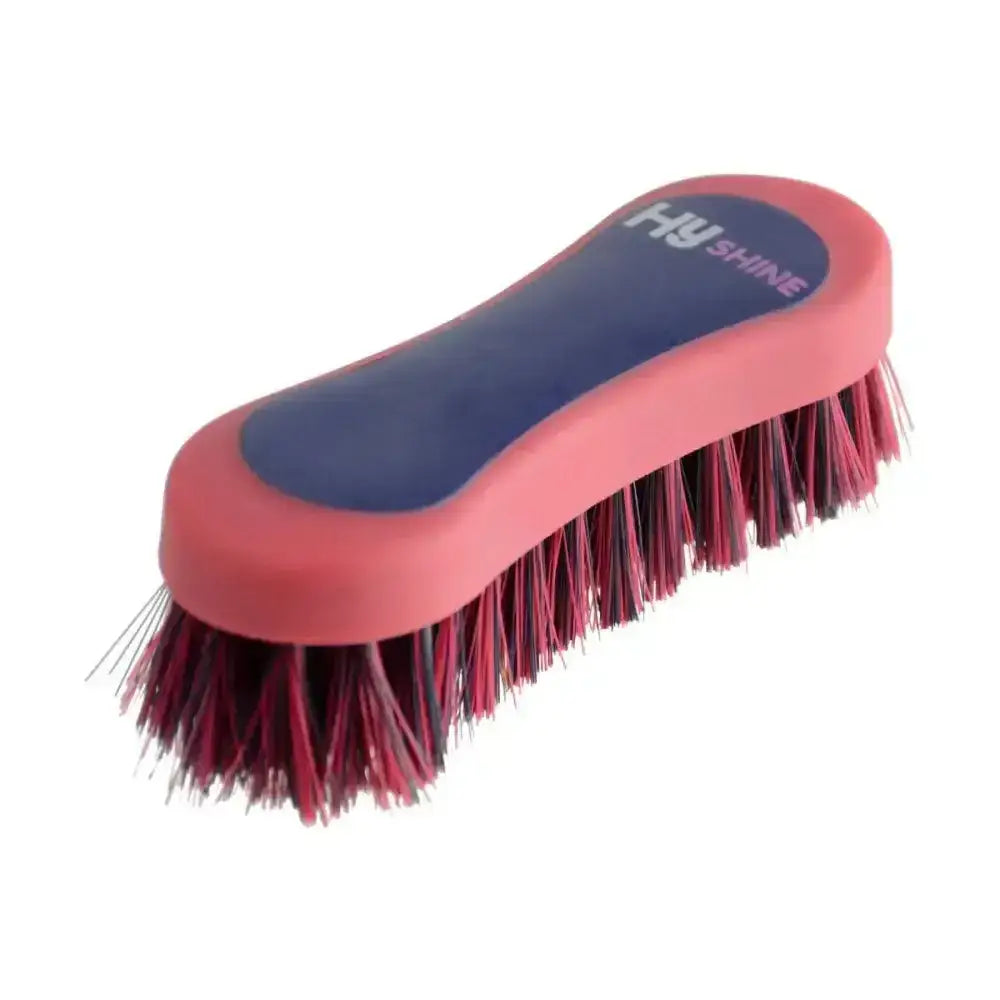 Pink and navy blue hy shine equestrian pro groom soft touch face brush with multicolored bristles for gentle grooming