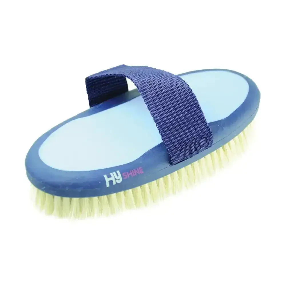 Blue hyshine horse brush with yellow bristles navy strap and light blue interior for equestrian pro groom goat hair care