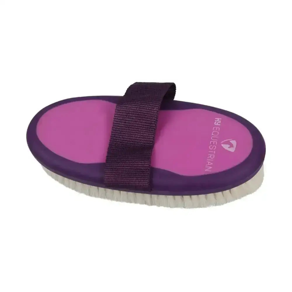 Purple and pink hy equestrian pro groom goat hair body brush with dark purple strap for easy grooming