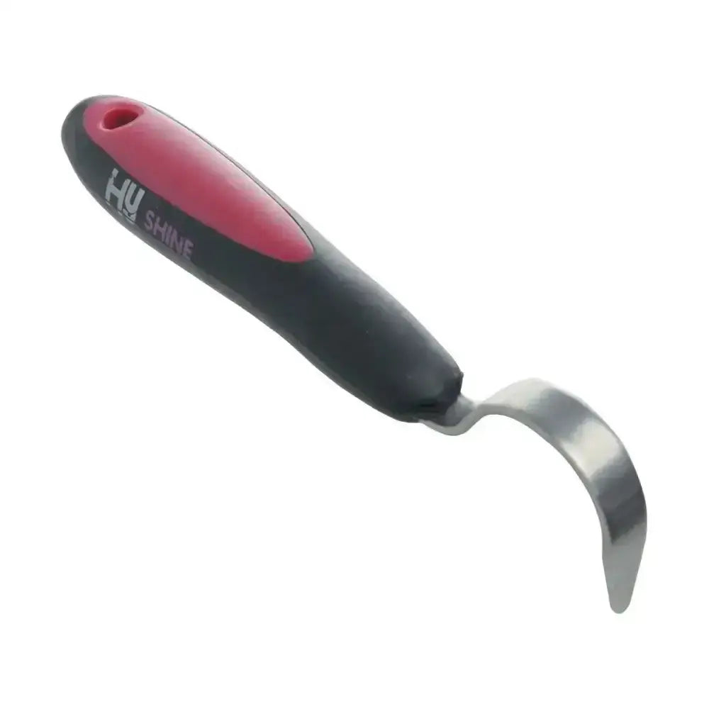 Red and black hy shine pro groom hoof pick with ergonomic handle and soft touch stainless curved blade for equestrian use