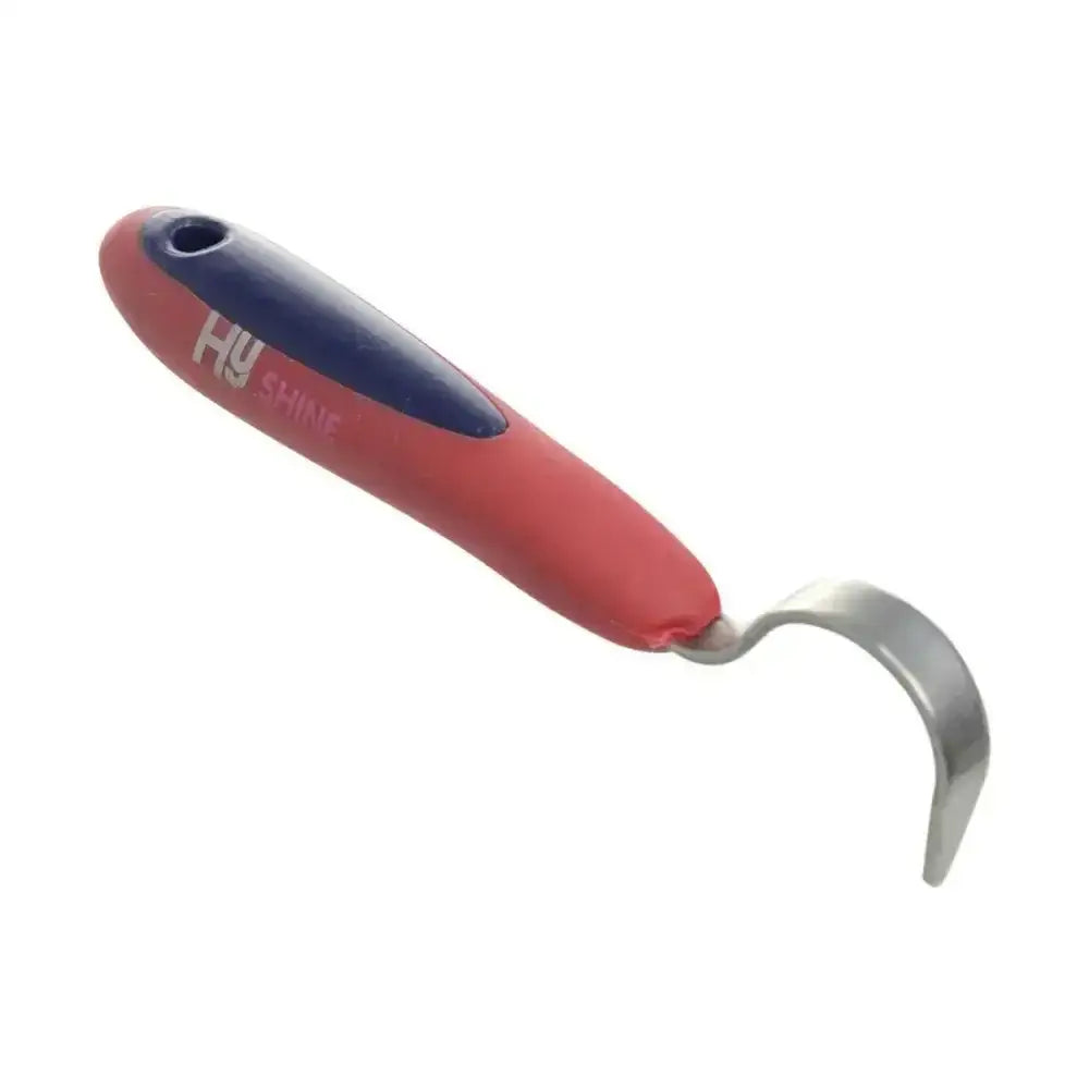 Red and blue soft touch stainless pro groom hoof pick with ergonomic handle and curved metal tip by hu shine