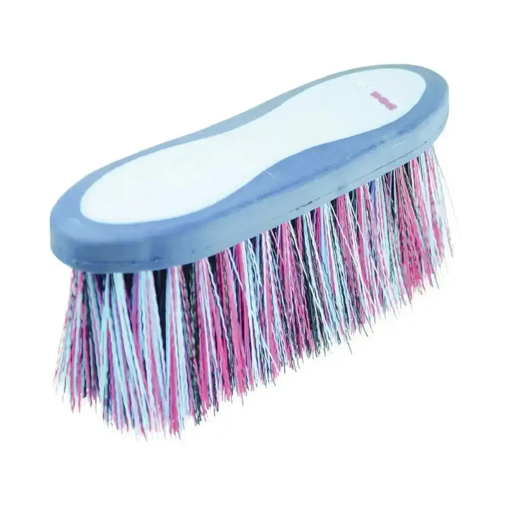 A colorful hy equestrian pro groom pro groom long bristle dandy brush with blue white handle and pink purple gray bristles