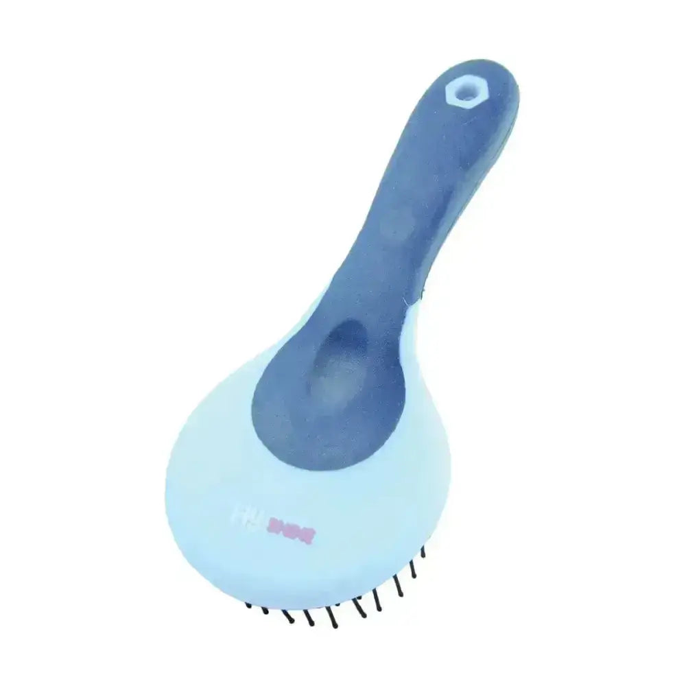 Light blue and dark blue plastic equestrian pro groom mane brush with black bristles and round head mane design