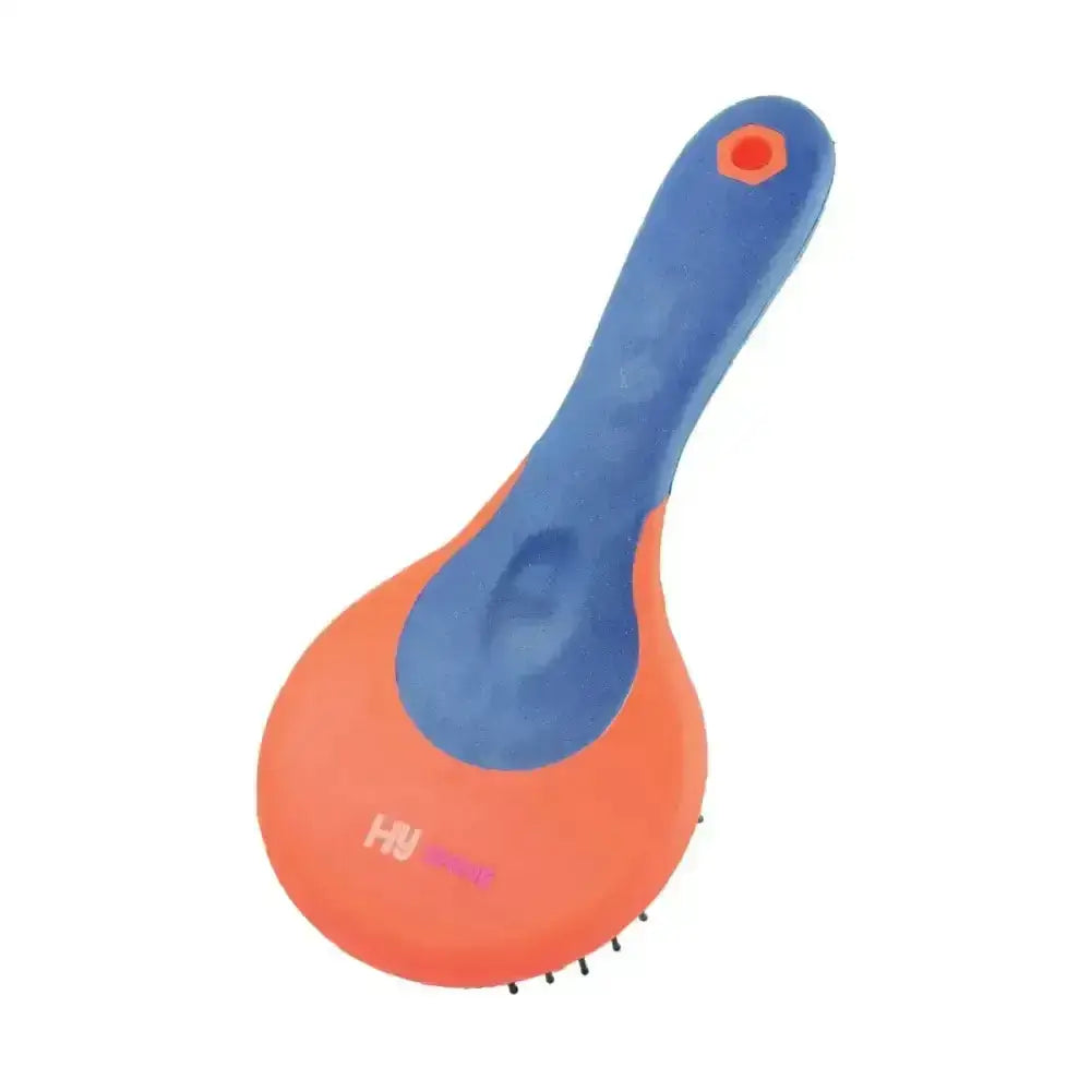 Blue and orange plastic equestrian pro groom mane brush with hexagonal grip and round head mane design