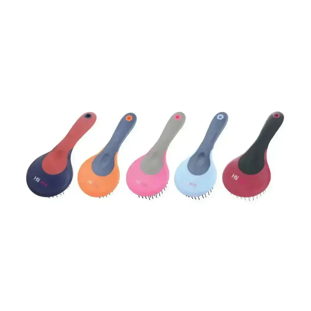 Five colorful hy equestrian pro groom round head mane brushes with ergonomic handles and soft bristles