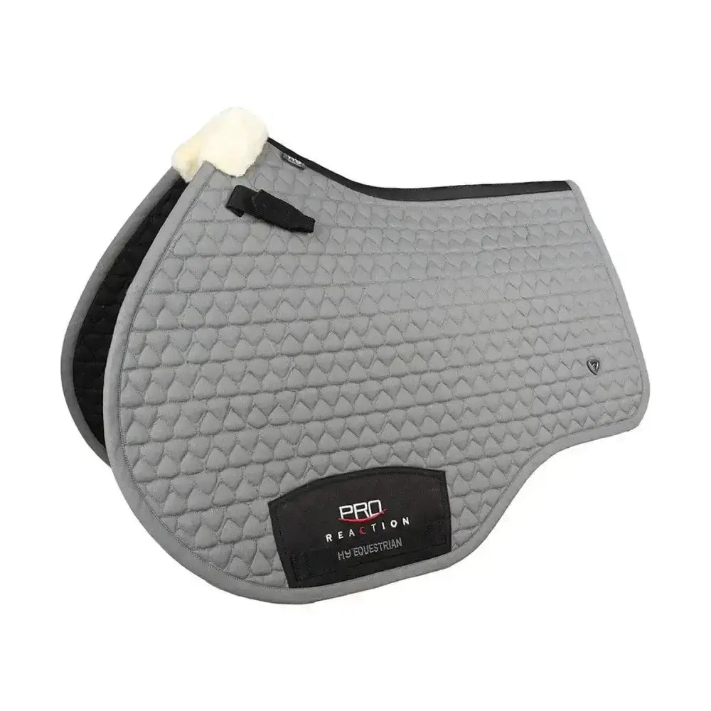Gray quilted hy equestrian pro reaction close contact saddle pad with black trim white fleece lining ultimate performance saddle