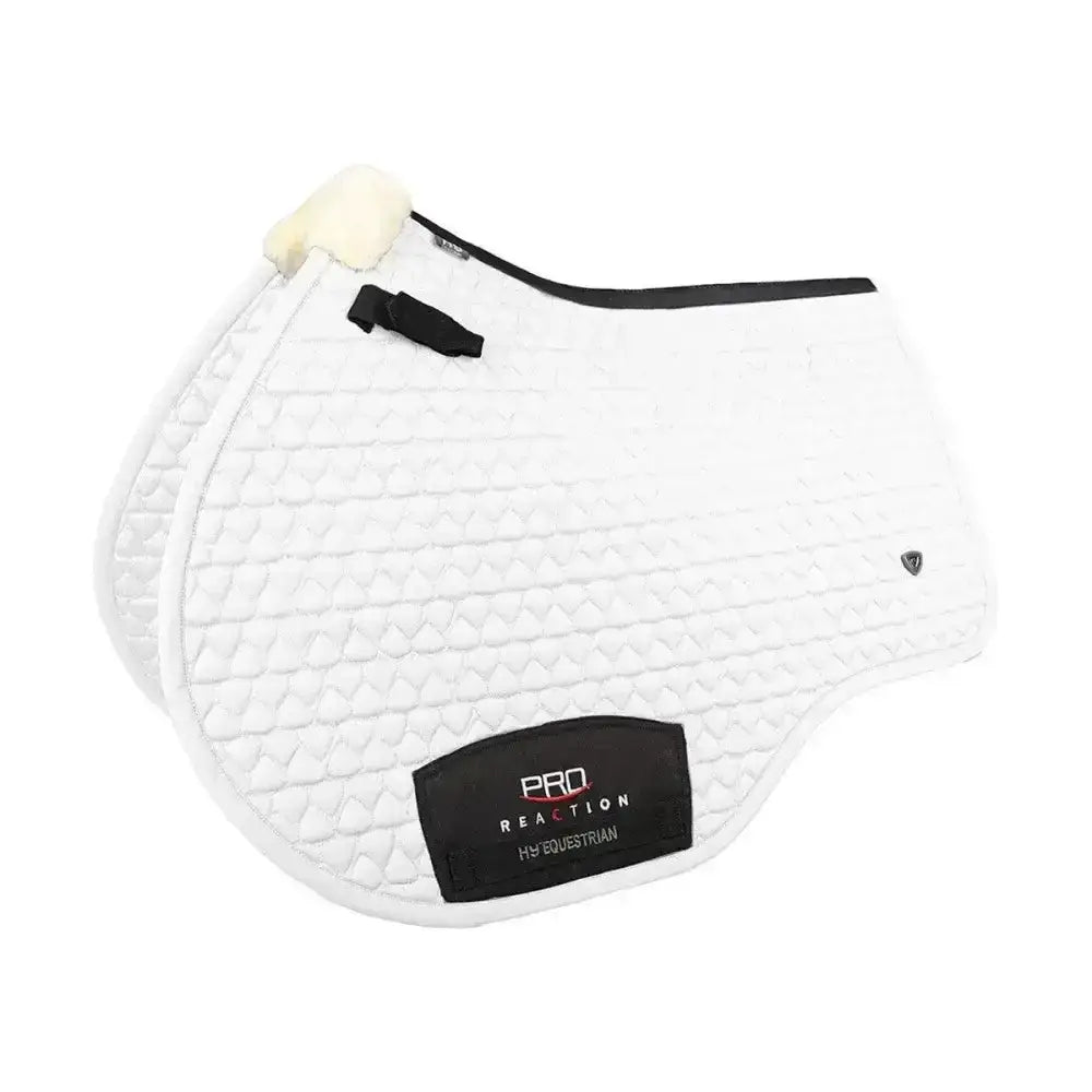 White hy equestrian pro reaction close contact saddle pad with quilted diamond pattern black trim and fleece edge