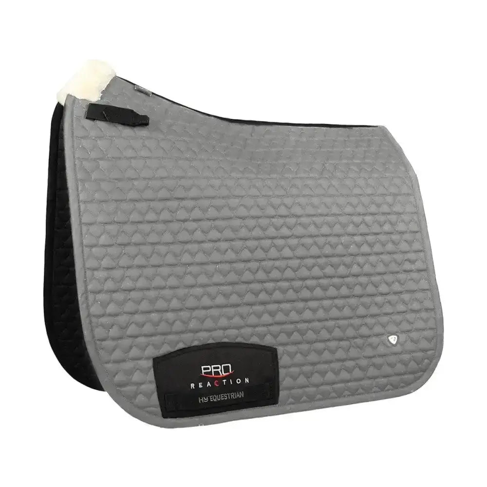 Gray quilted hy equestrian pro reaction dressage saddle pad with black trim and white fleece edge for ultimate performance dressage