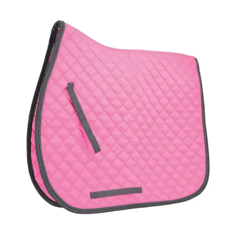 Pink quilted Hy Equestrian pro saddle cloth with black trim zipper pocket polyester wadding cotton saddle pad