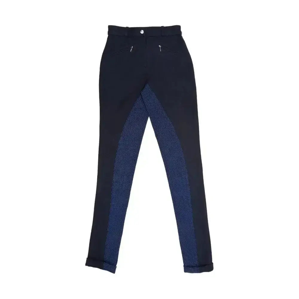 Black hy equestrian raised polka dot children’s jodhpurs with navy blue textured panels on outer thighs