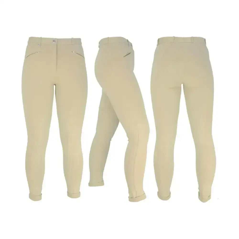 Beige equestrian raised polka dot ladies jodhpurs with sleek form fitting design and subtle stitching details