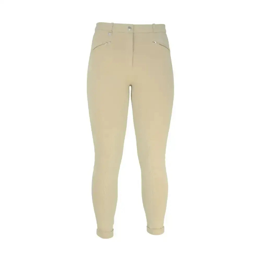 Beige hy equestrian raised polka dot ladies jodhpurs with zipper pockets and button closure for riding comfort