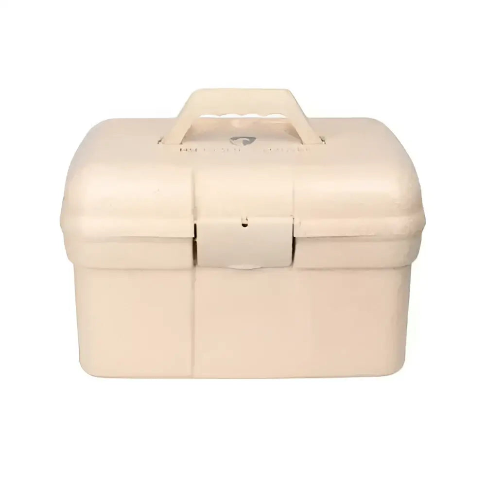 Beige plastic eco-friendly grooming box with molded handle and latch hy equestrian recycled grooming box