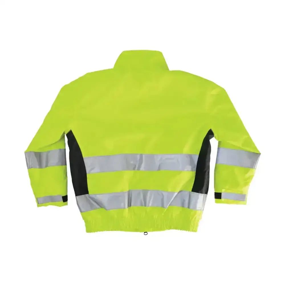 Bright yellow equestrian reflective waterproof children’s blouson with silver stripes and black side panels by hy equestrian