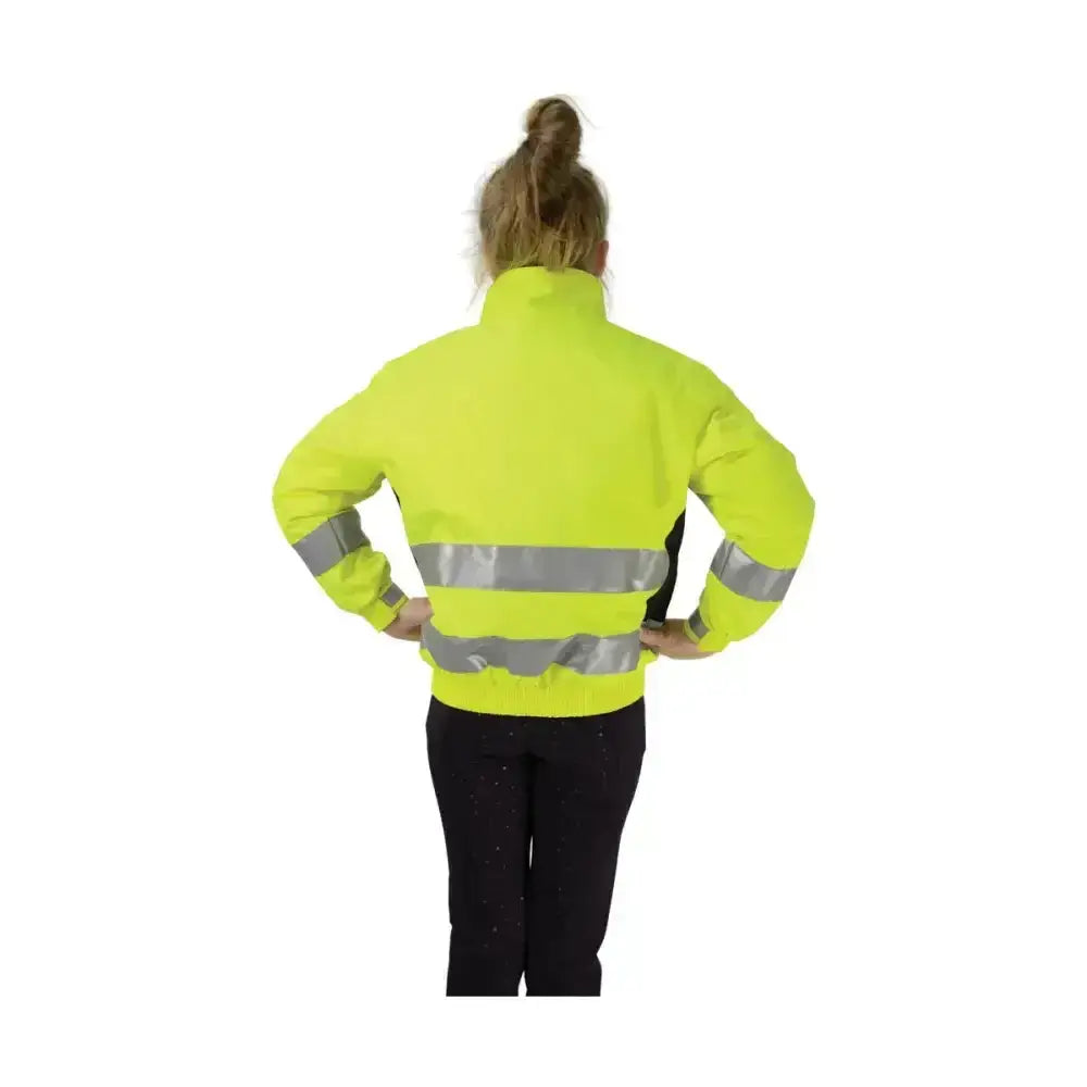Back view of hy equestrian reflective waterproof children’s yellow safety jacket with silver stripes and high visibility