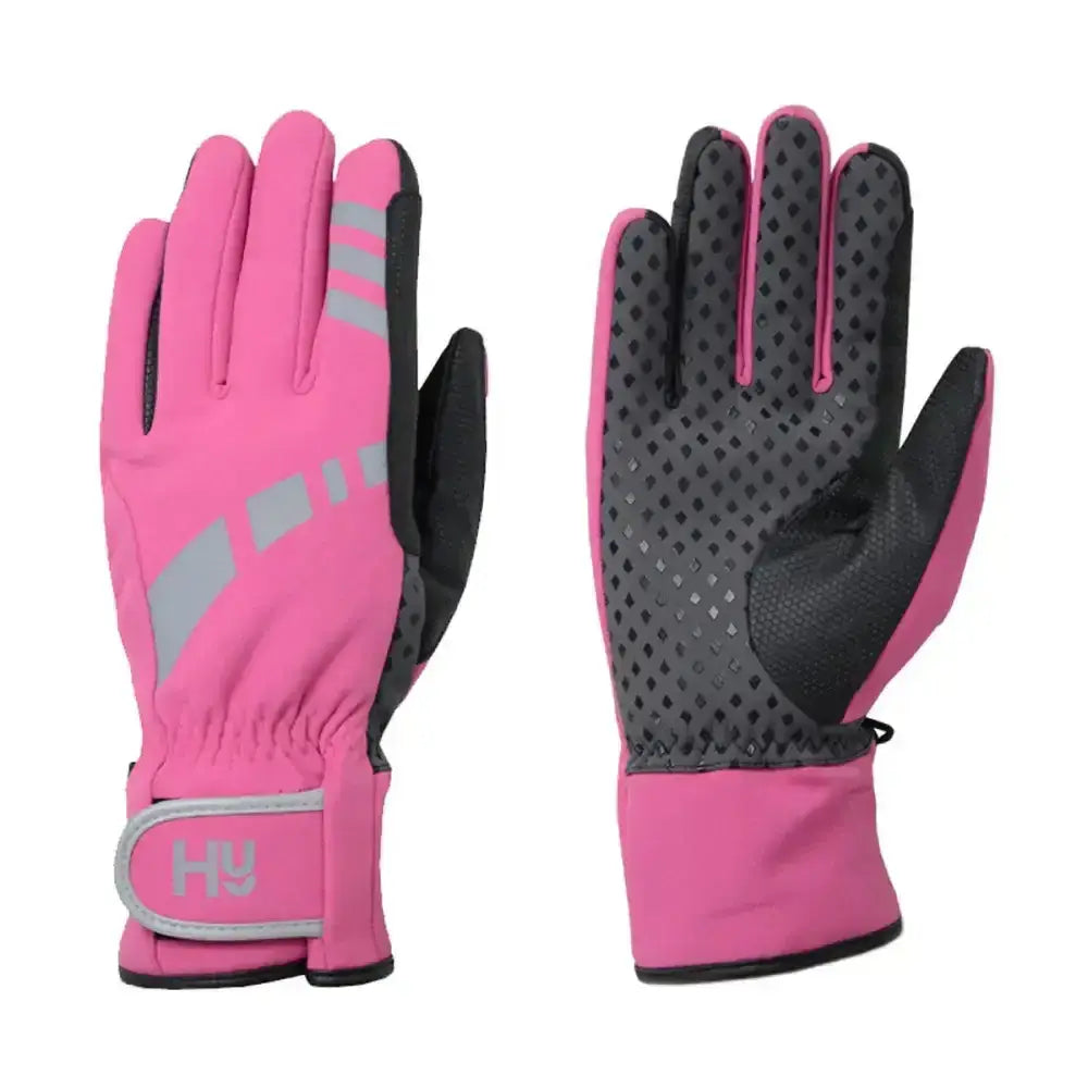 Pink and black hy equestrian reflective waterproof multipurpose gloves with gray stripes and 40g thinsulate lining