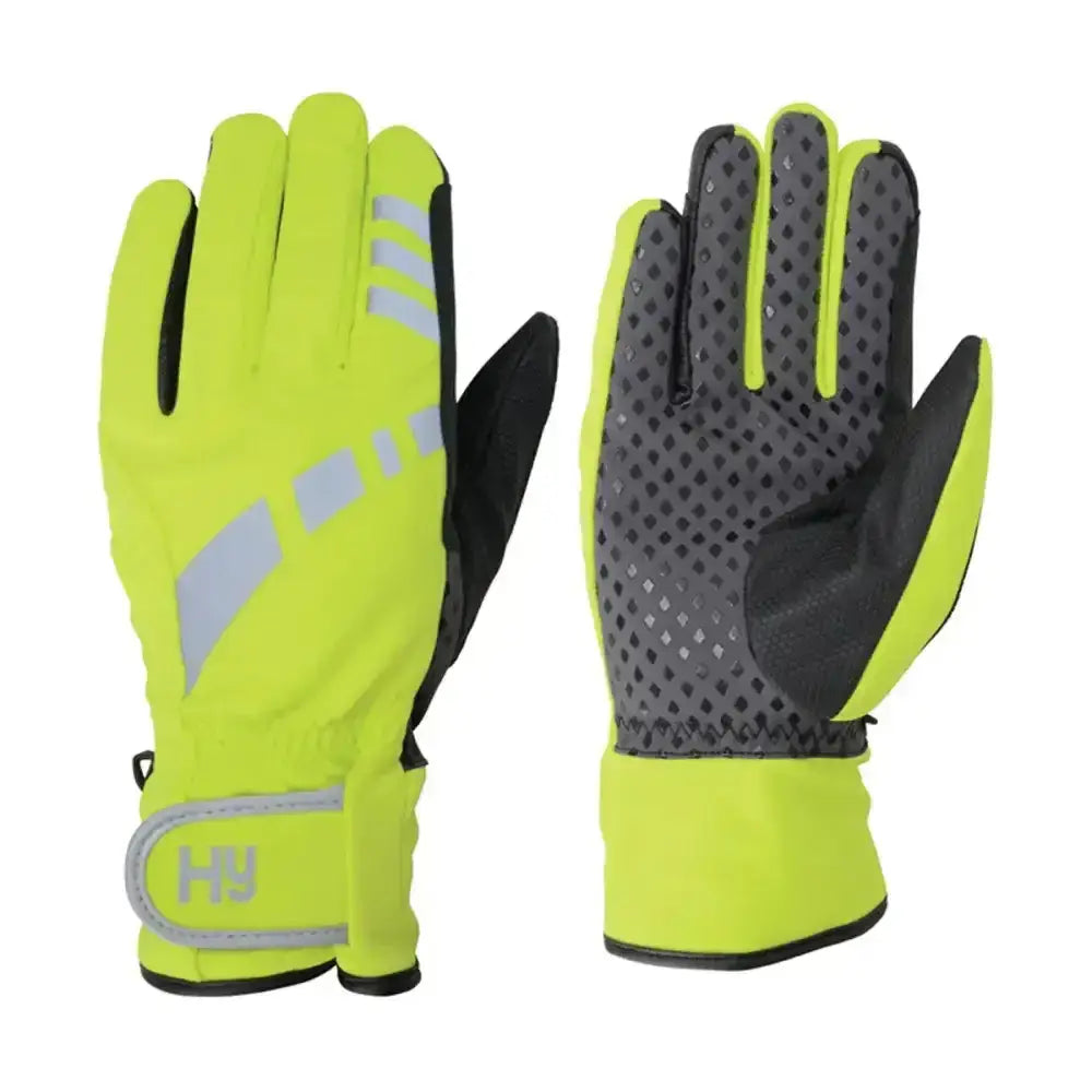Bright neon yellow and black helly hansen equestrian reflective waterproof gloves with perforated grip and 40g thinsulate lining