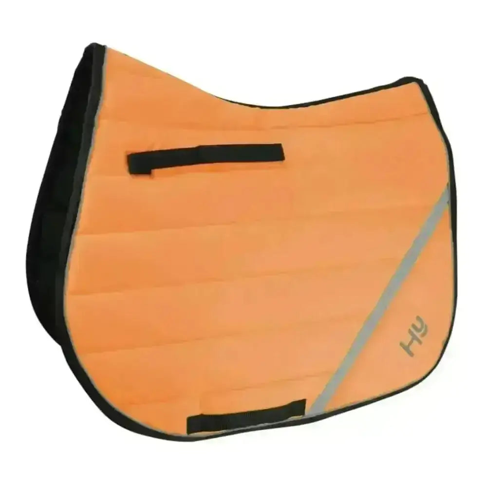 Bright orange quilted hy equestrian reflector comfort pad with black trim and reflective gray stripe for safety