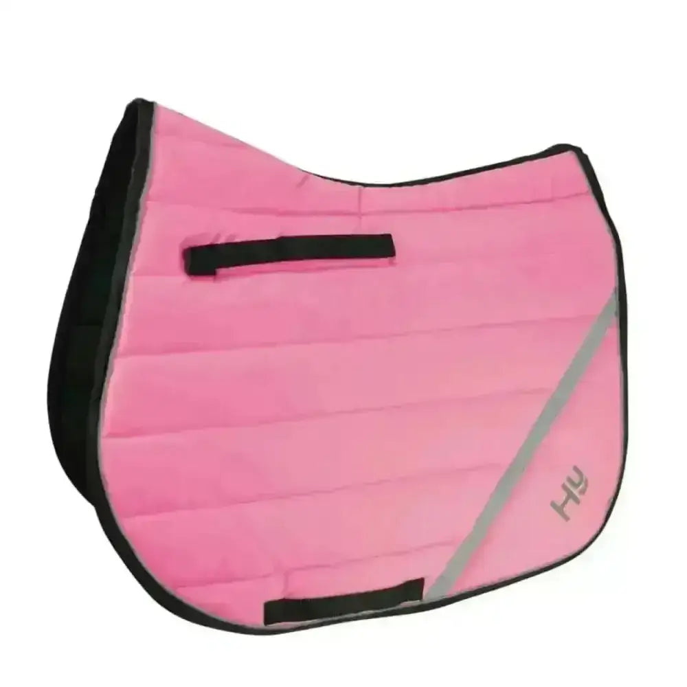 Pink quilted reflector comfort pad with black trim and gray stripe from quality hy equestrian for horses