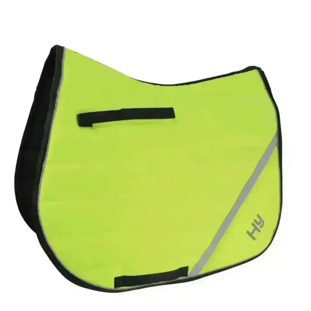 Bright lime green hy equestrian reflector comfort pad with black trim and silver reflective stripes for riding gear