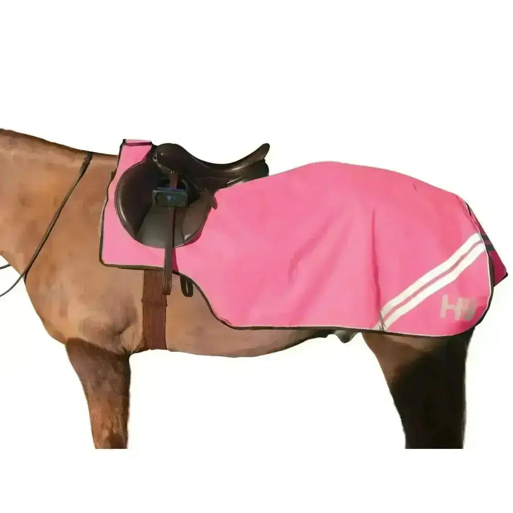 Pink hy equestrian reflector exercise fleece-lined sheet with white reflective stripes and subtle logo for riding