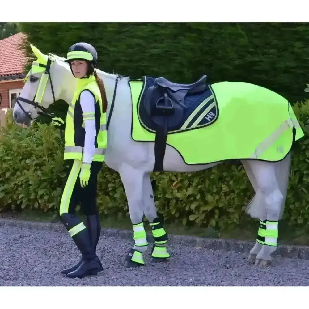 Bright neon green hy equestrian reflector exercise fleece-lined sheet with black trim for visibility during rides